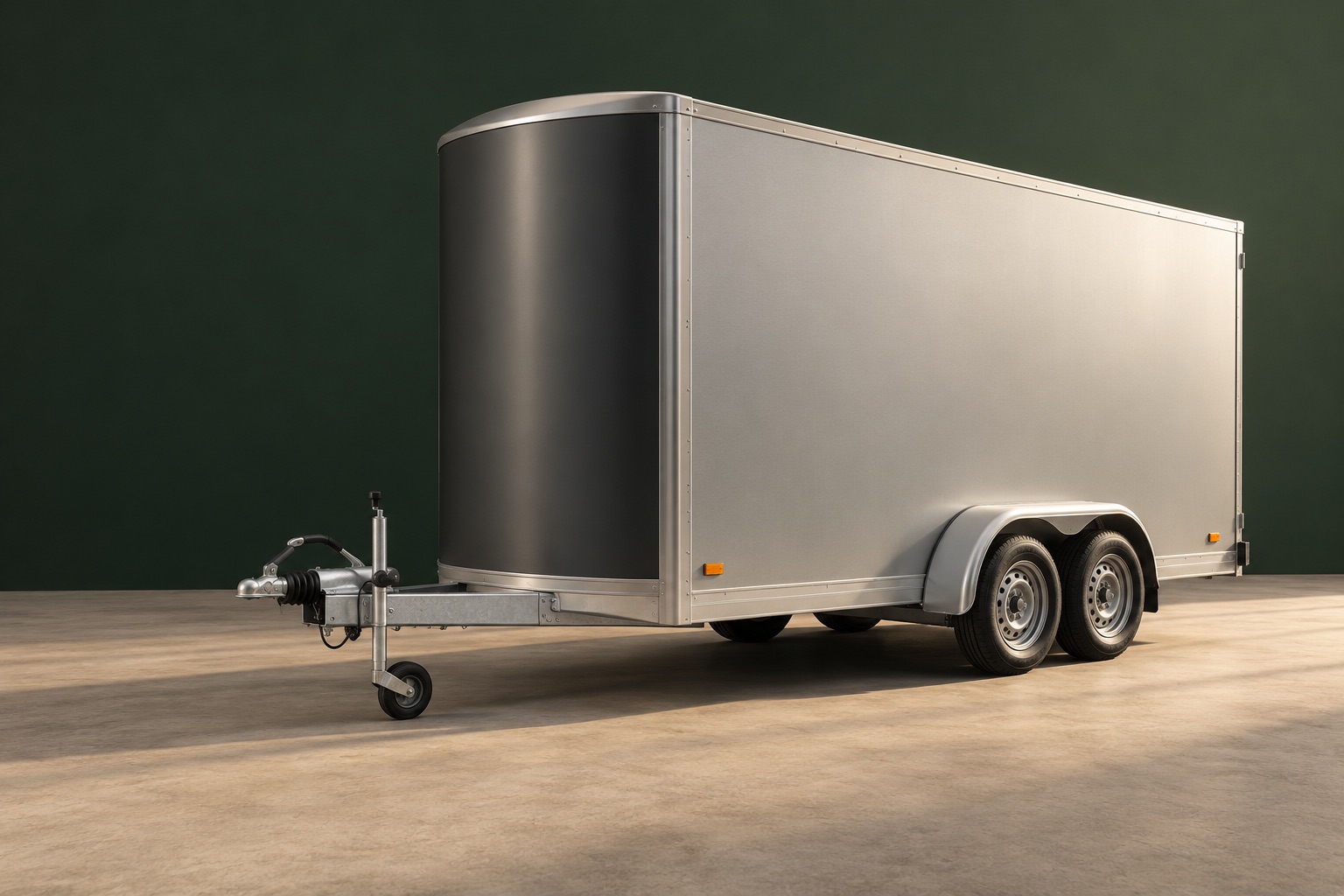 Studio illustration of a silver enclosed twin-axle trailer; not a photograph of the hire trailer